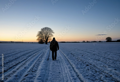 Winter evening rural landscape, a farmer walking home at dusk