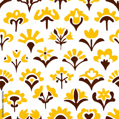 Seamless stylized floral pattern. Bold folk inspired shapes in yellow and brown colors. Modern decorative design for textiles and packaging. Vector illustration.