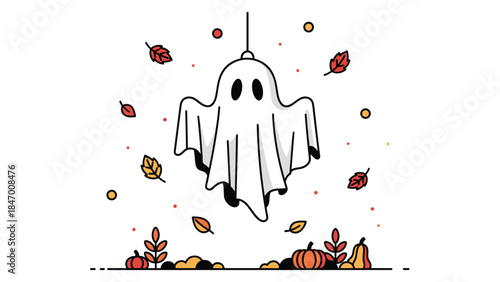 Charming cartoon ghost hangs amongst autumn leaves and pumpkins, creating a delightful halloween scene for seasonal festivities.