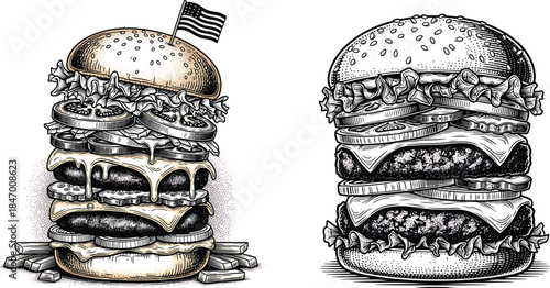 American Burger Etching Engraving Style Vector Icon Set Isolated Classic Fast Food Illustration