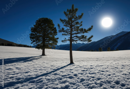 Snow-covered meadow under full moon, two pine trees on a hillside