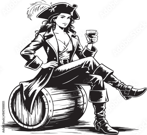 Black and white illustration of a female pirate sitting on a barrel