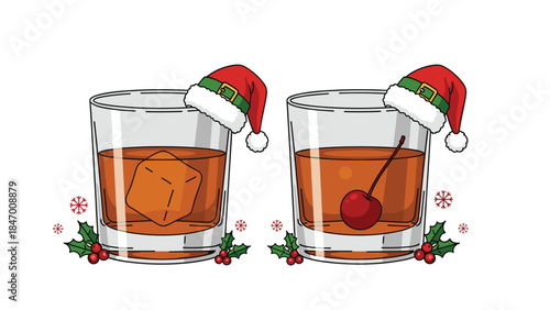 Festive cocktails with santa hats and holiday decorations create a cheerful and warming winter drink illustration.