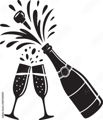 Celebration toast with popping champagne bottle and glasses illustration