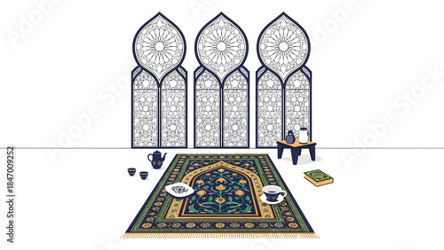 Intricate Islamic prayer rug and tea set are arranged before ornate arched windows in a minimalist white room.