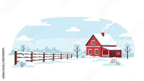 Charming red farmhouse sits peacefully in a snowy landscape with a wooden fence and smoke rising from the chimney.