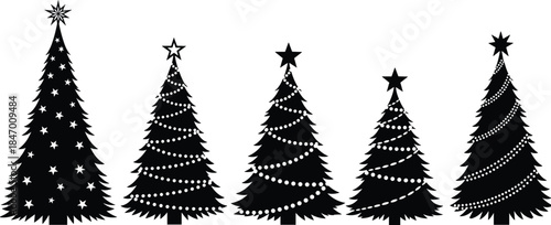 Set of Five Christmas Tree Silhouettes Vector Illustration with Star Toppers, Garland, and Lights for Festive Holiday Designs.
