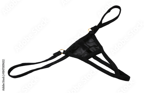 Women's sexy black thong panties on a white background. 
