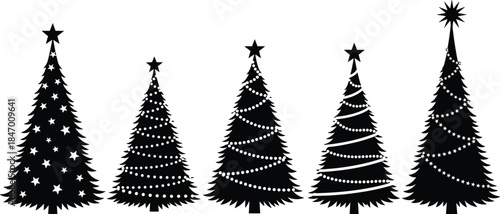 Set of Five Christmas Tree Silhouettes Vector Illustration with Star Toppers, Garland, and Lights for Festive Holiday Designs.