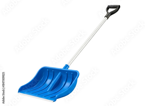 Blue snow shovel with black handle isolated on transparent background for winter cleaning