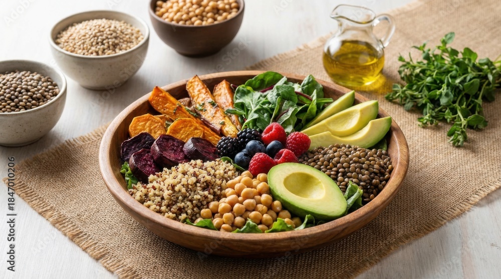 Fototapeta premium The plant based diet prioritizes colorful fruits hearty vegetables wholesome grains and nutritious legumes.