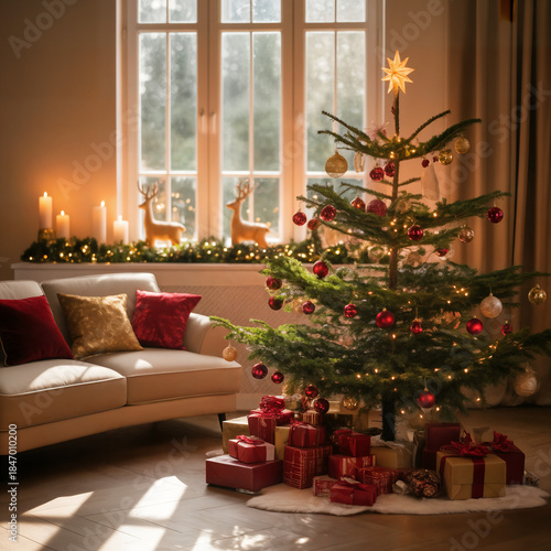 Wallpaper Mural "Decorated Christmas Tree with Assorted Wrapped Gifts Underneath by Sunny Window — Cozy Holiday Living Room Scene" Torontodigital.ca