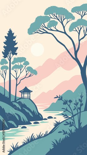 Korean Style Landscape with Mountains, River and Pavilion
