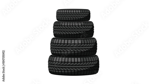 A neatly stacked pile of four black car tires suggests readiness for vehicle maintenance or replacement, showcasing automotive supplies.