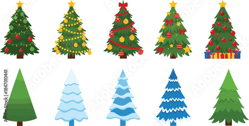 Set of Ten Christmas Trees Vector Illustration Featuring Decorated, Snowy, and Simple Pine Trees for Winter Holiday Season Designs.