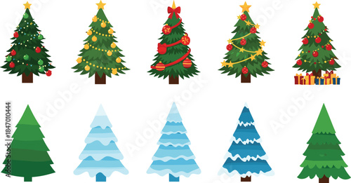 Set of Ten Christmas Trees Vector Illustration Featuring Decorated, Snowy, and Simple Pine Trees for Winter Holiday Season Designs.