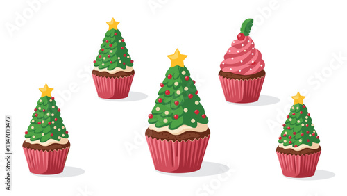 Festive Christmas cupcakes decorated as miniature trees and with pink frosting create a delightful holiday treat display.