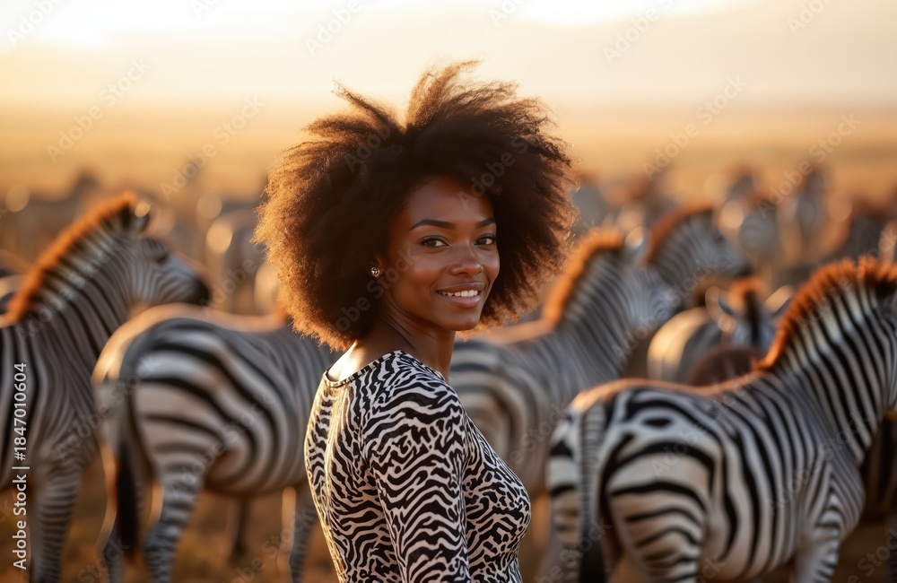 Obraz premium Attractive black woman poses with zebras. African safari travel theme features model in zebra print dress. Sunset illuminates golden hour in nature. Wildlife scene. Beautiful model smiles at camera.