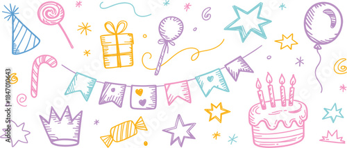 Hand drawn sketch colorful birthday and party elements set, cake, balloons, gift, and banner illustration