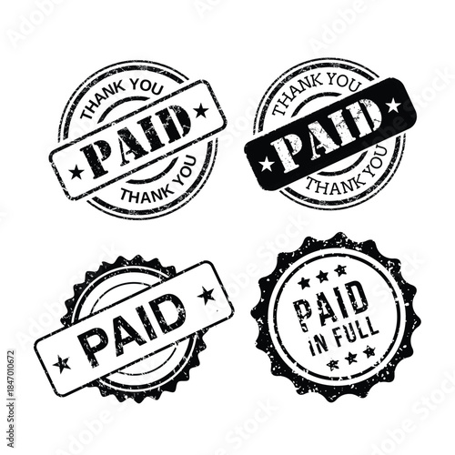 Paid Stamp Collection: Grunge-Style Paid , Paid in Full , Thank You Stamps for Marking Completed Transactions or Invoices