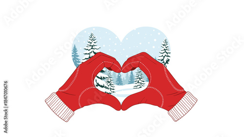 Red mittens forming a heart shape frame a serene winter landscape with snow covered trees, evoking warmth and affection.