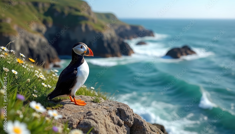 Fototapeta premium Atlantic puffin bird stands on rocky cliff edge. Colorful seabird with orange beak looks at ocean waves crashing on shore. Wild nature landscape with green grass and small flowers.
