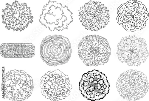 Collection of 12 varied circular patterns with intricate designs