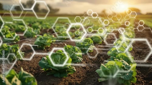Sustainable agriculture innovation: healthy cabbage cultivation with digital technology at sunrise
