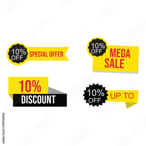 Vibrant Yellow and Black 10 Off Sale Labels with Bold Red and White Text for Promotional Campaigns, Advertising, and Marketing Materials