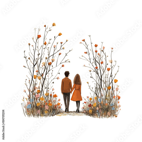 couple walking through a flower garden hand drawn vector illustration
