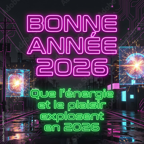 Bonne année 2026 futuriste en néon, énergie explosive et plaisir lumineux dans une ville cyberpunk festive​