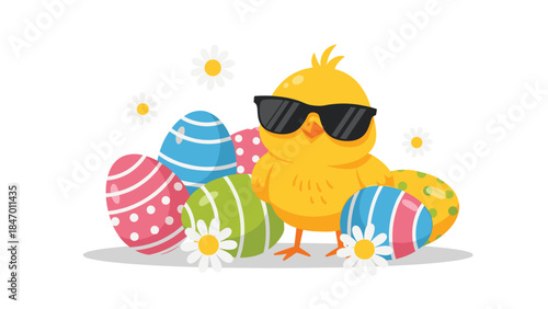 Cool yellow chick wearing sunglasses poses with colorful decorated easter eggs and delicate daisies for a festive springtime celebration.