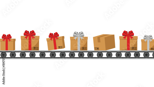 Wrapped gift boxes move along a conveyor belt, representing shipping, delivery, and the excitement of receiving presents.