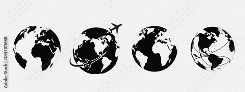 Black silhouette icons of a globe depicting global travel and network connections