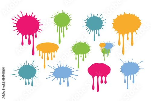 A set of colorful paint splatters and dripping ink stains on white background