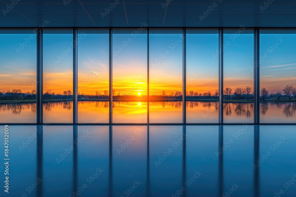 Fototapeta premium Sunrise Seen Through Modern Office Window