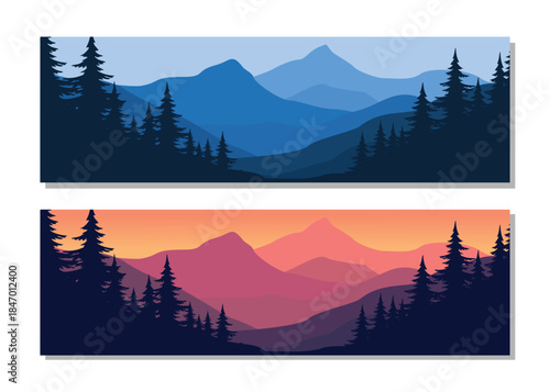 Stunning mountain landscapes with pine trees at sunrise and sunset