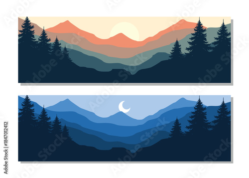 Stunning mountain landscapes with pine trees at sunrise and sunset