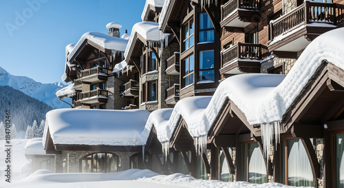 Ski resort hotel facade covered in snow against clear blue sky  
