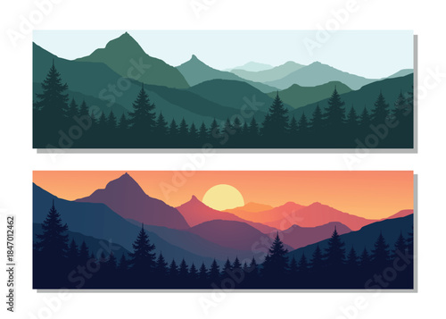 Stunning mountain landscapes with pine trees at sunrise and daytime