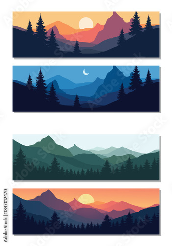 Stunning mountain landscapes with pine trees at sunset and moonlight