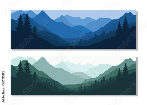 Serene mountain landscapes in soothing blue and green hues