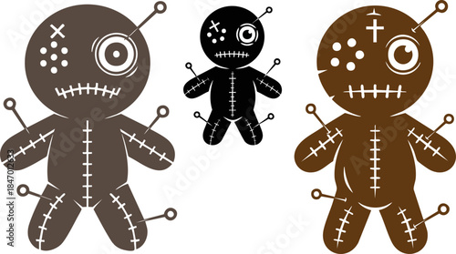 Two stylized voodoo dolls one dark silhouette and one detailed brown figure with pins