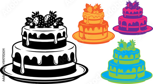 Collection of stylized two tier celebration cakes with strawberry topping in various vibrant color palettes