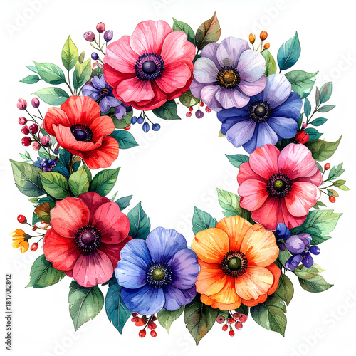 Watercolor floral wreath, isolated, PNG background