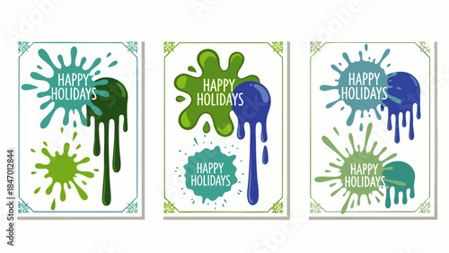 Set of three festive greeting cards with colorful paint splatters and "Happy Holidays" text, dripping paint effect