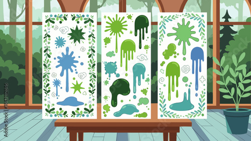 Abstract art posters with green and blue paint splatters, drips, botanical borders, displayed in bright greenhouse, symbolizing creativity and nature.