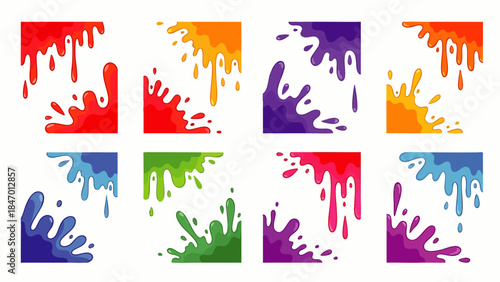 Vibrant colorful paint splashes and drips creating decorative corner frames and borders on a white background, ideal for artistic designs, playful backgrounds, and creative projects.
