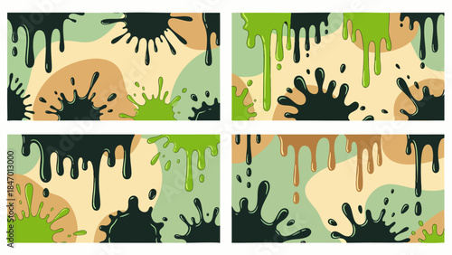 Abstract Camouflage Background Set with Green Paint Splatters and Dripping Liquid. Modern Graphic Design Elements for Banners and Web Templates.
