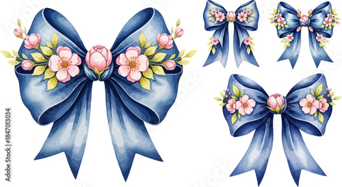 Watercolor blue satin bows adorned with delicate pink cherry blossoms perfect for elegant crafting projects